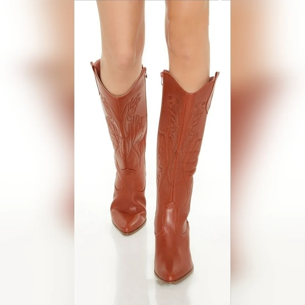 Embroidered Vegan Leather TAN Western Cowgirl Cowboy Boots Zip-up Pointed Toe - Picture 4 of 14